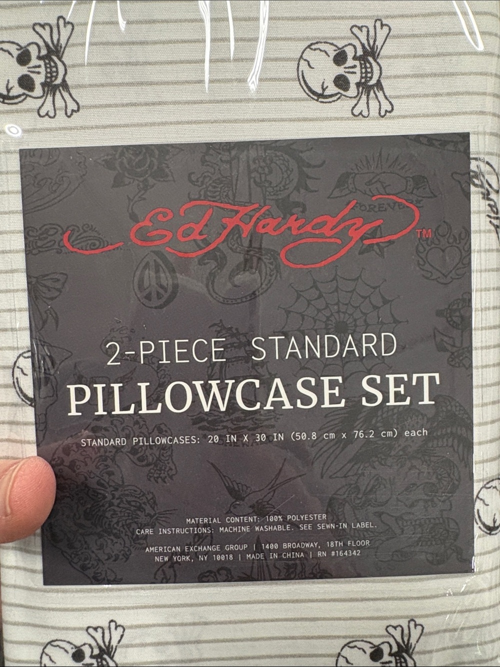 Ed Hardy White and Gray Skull Stripe 2-Piece standard Pillowcase Set